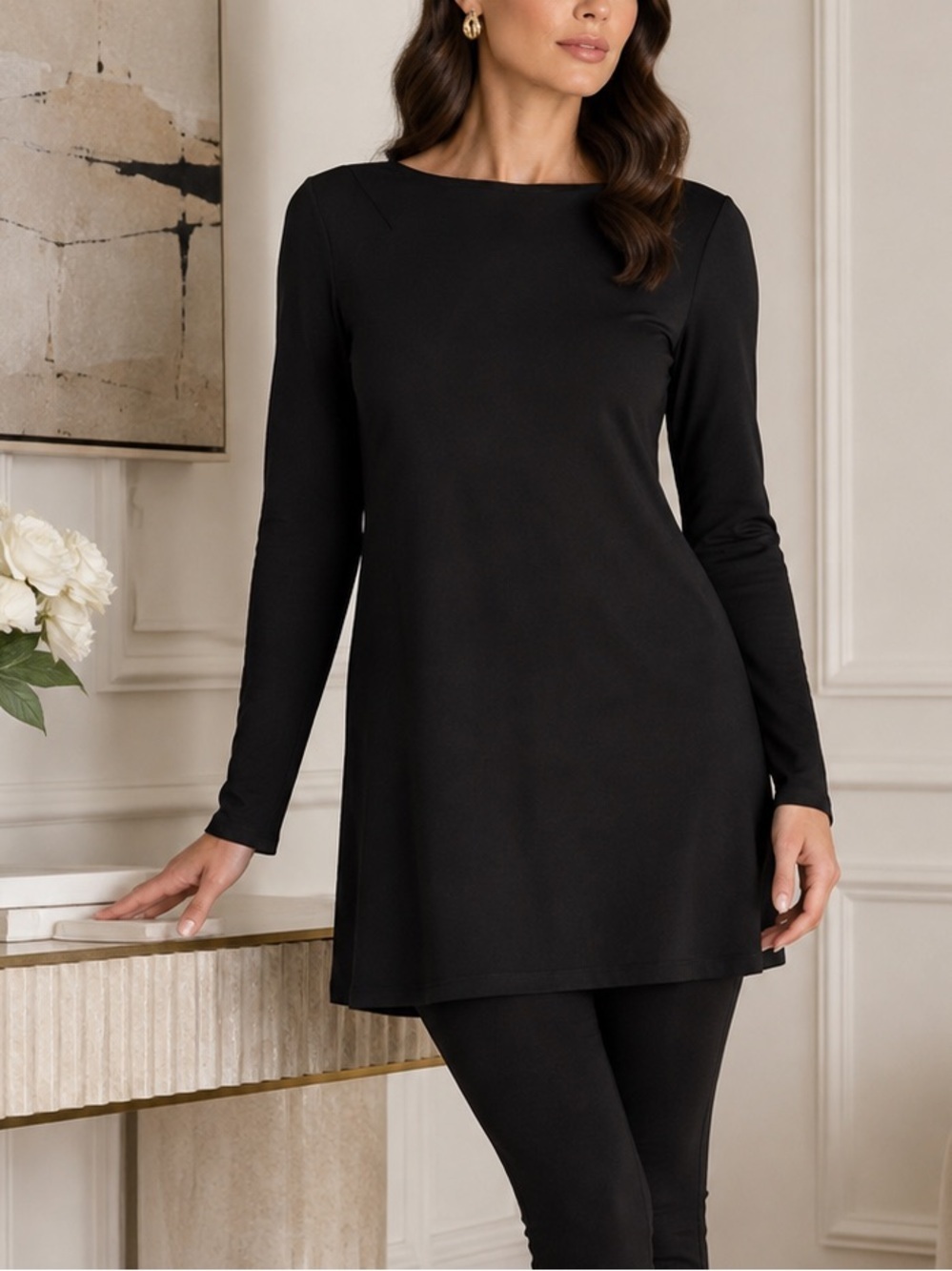 NWT Badgley Mischka Black Long Sleeve Tunic Top Mini Dress Large